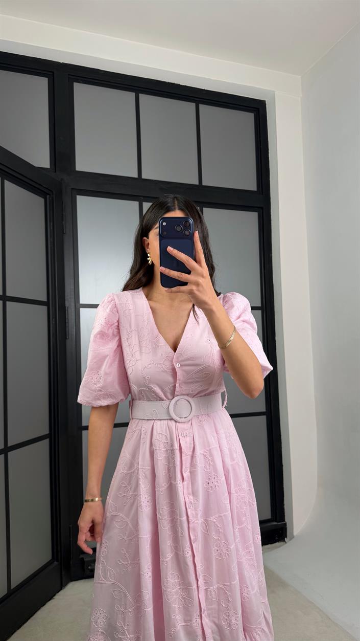 Pembe Çiçek Nakışlı Kemerli Pinterest Elbise GAUS-01342