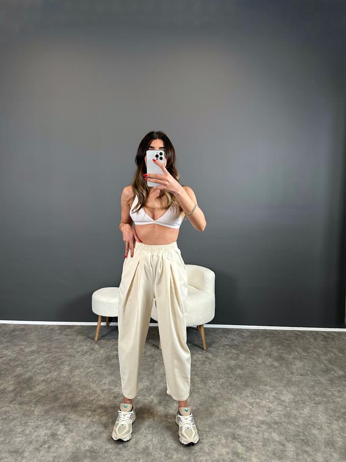 Gabardin Pileli Beli Lastikli Pantolon 