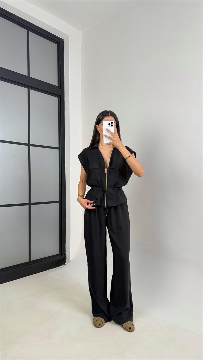 Siyah Cepli Bağlamalı Yelek Beli Lastikli Pantolon İkili Tencel Takım Gaus00546