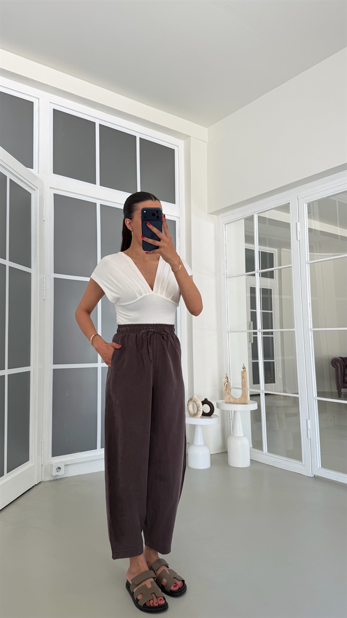 Kahve MD Muadil Beli Lastikli Tencel Pantolon GAUS-01848