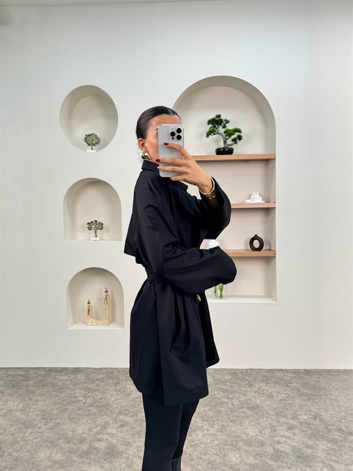 Anabel Siyah Kemerli Orta Boy Astarsız Trençkot