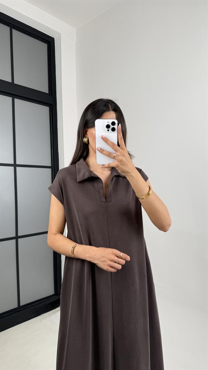 Kahve MD Muadil Polo Yaka Cepli Basic Elbise Gaus00568