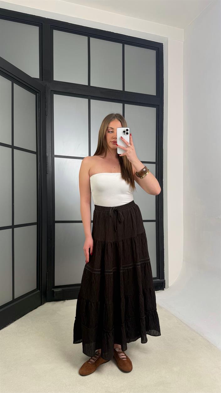 Acı Kahve Beli Lastikli Nakış Detaylı Astarlı Etek GAUS-01242