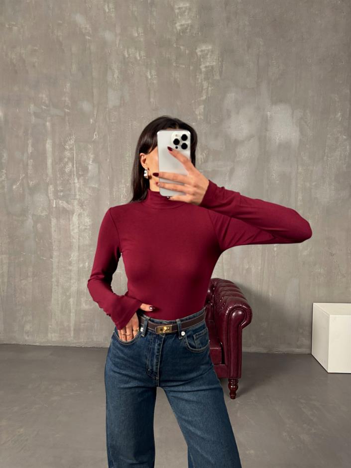 Javed Bordo Yarım Balıkçı Yaka Oys Bluz