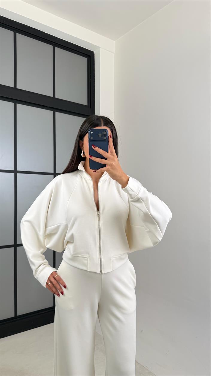 Ekru Fermuarlı Hırka Beli Lastikli Pantolon Modal Takım GAUS-00665