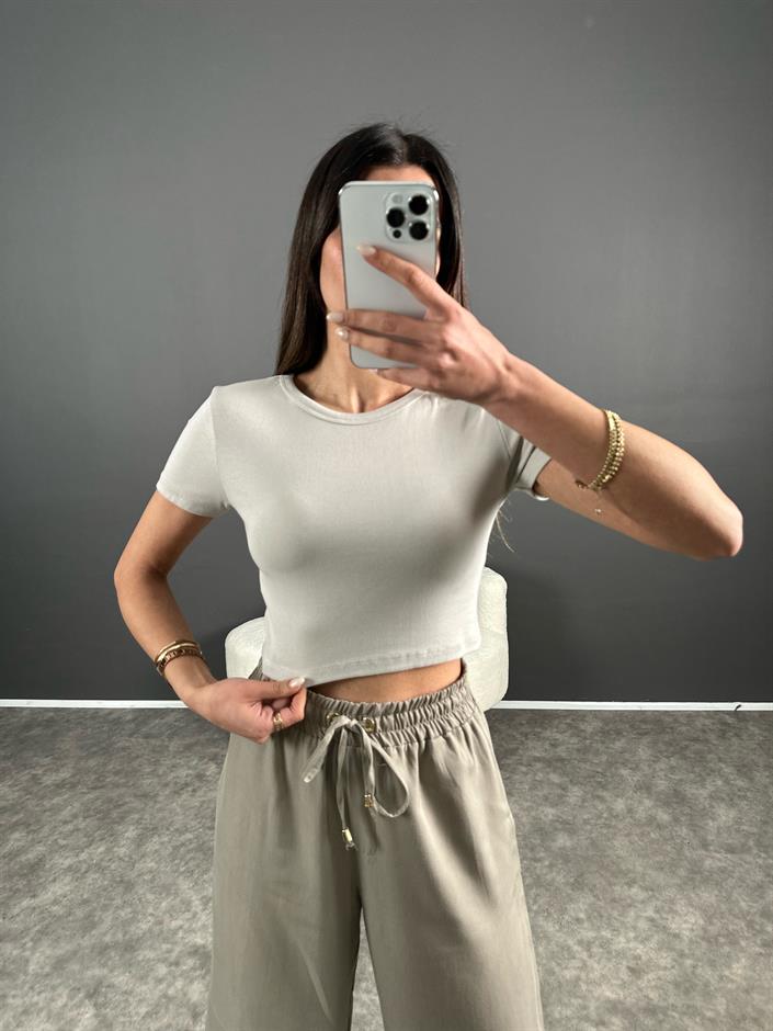 Ales Açık Gri Crop Basic Tshirt