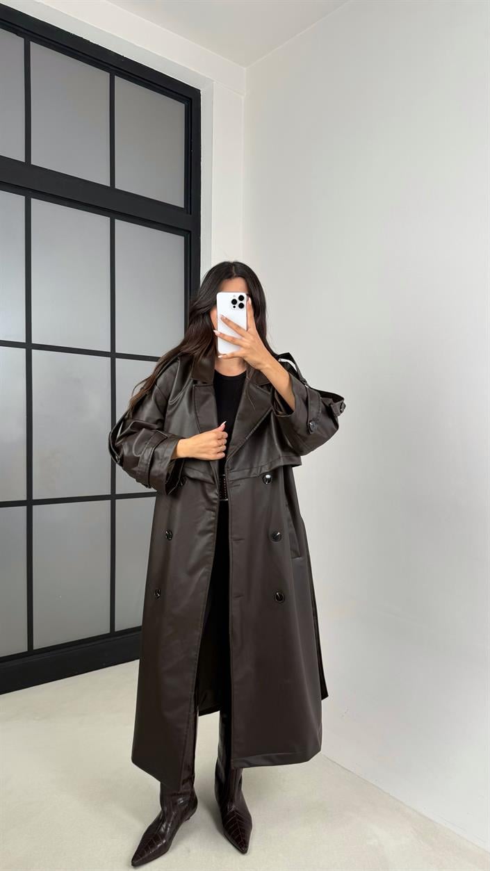 Kahve Kuşaklı Astarlı Premium Deri Trençkot GAUS-00127