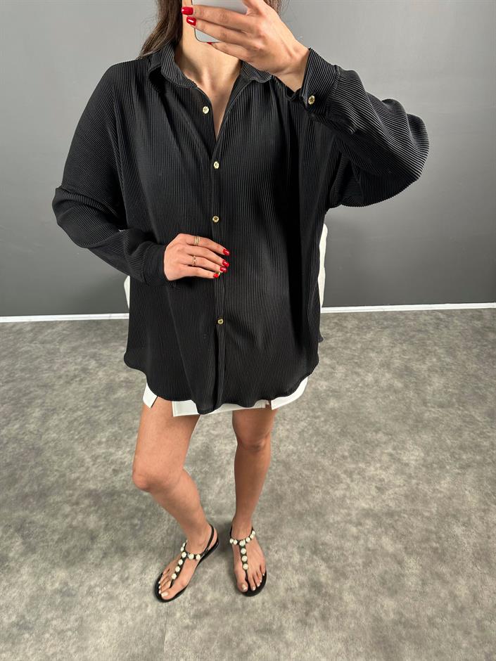 Siyah Plise Oversize Gömlek 