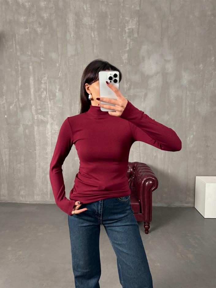 Javed Bordo Yarım Balıkçı Yaka Oys Bluz