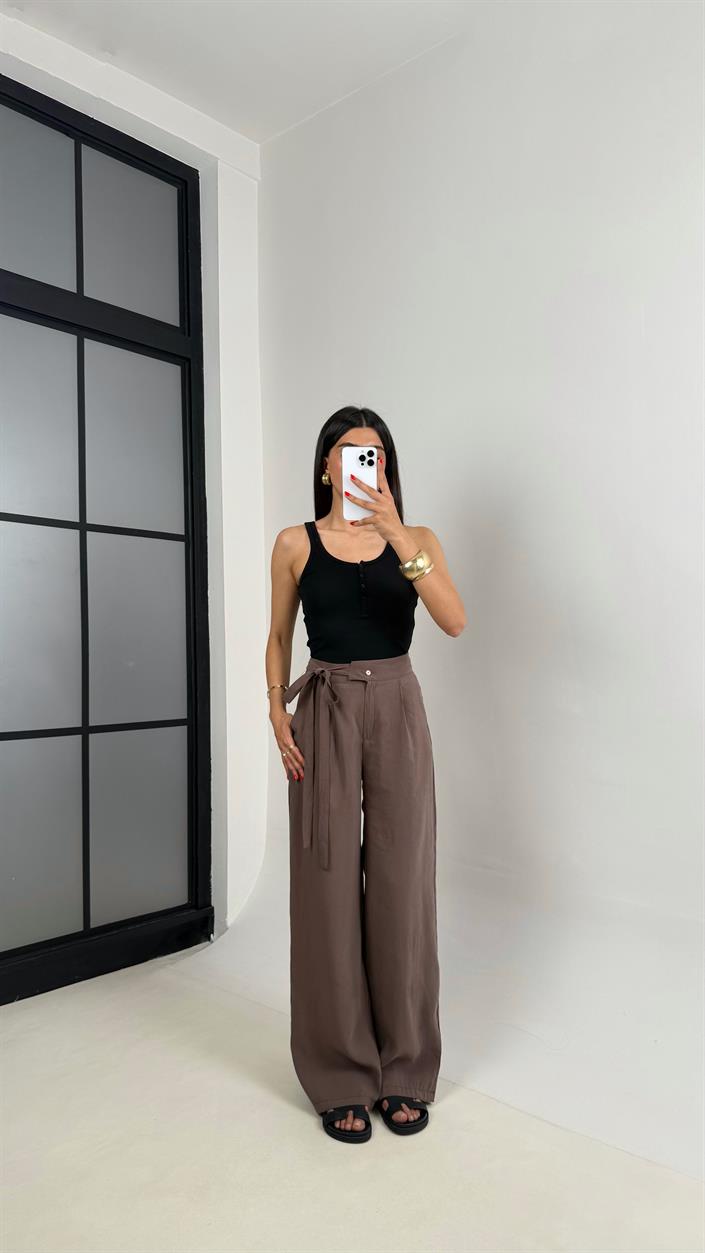 Kahve Yan Bağlamalı Tasarım Tencel Pantolon Gaus00500
