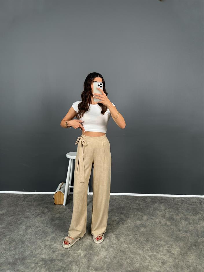 Loci Bej Belden Bağlamalı Yüksek Bel Pantolon