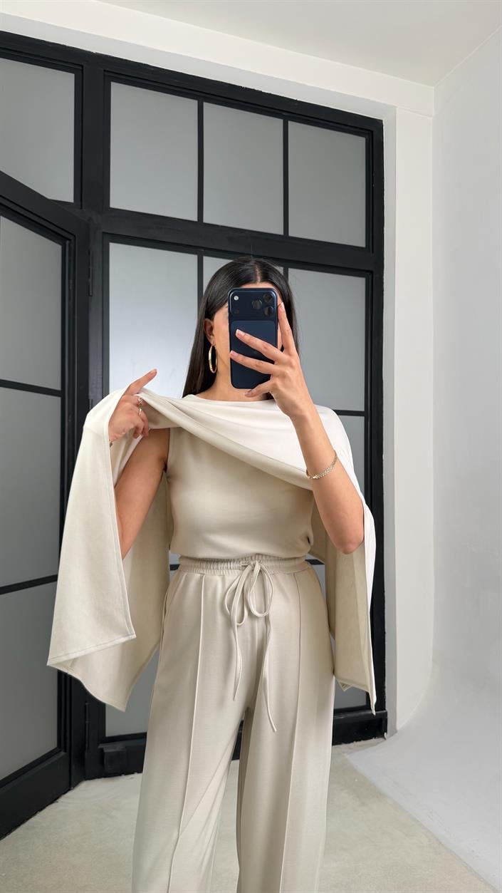 Taş Pelerin Detaylı Bluz Beli Lastikli Pantolon İkili Tasarım Modal Takım GAUS-01499