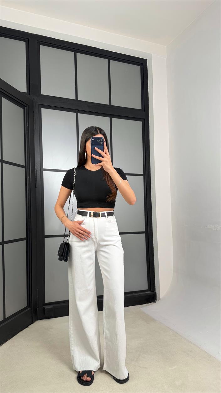 Beyaz Kesik Paça Kemerli Jean GAUS-01305