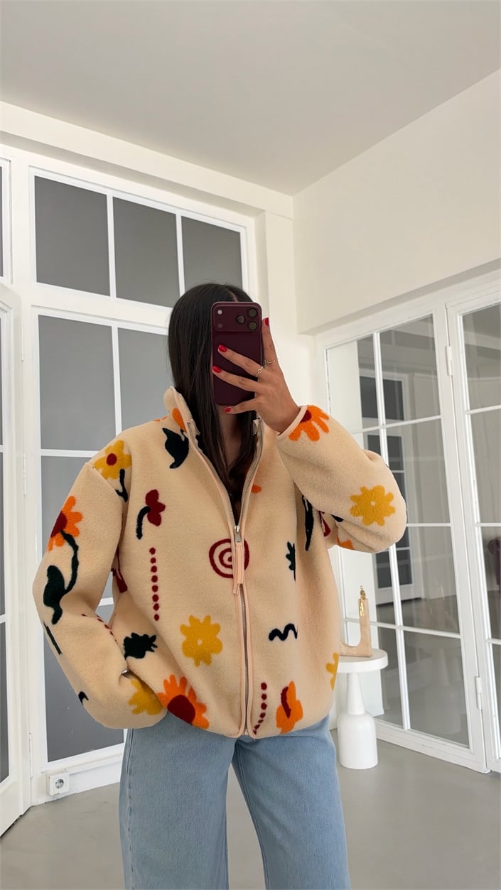 Çok Renkli Çiçek Desenli Fermuarlı Polar Sweatshirt GAUS-01916 GAUS-02225