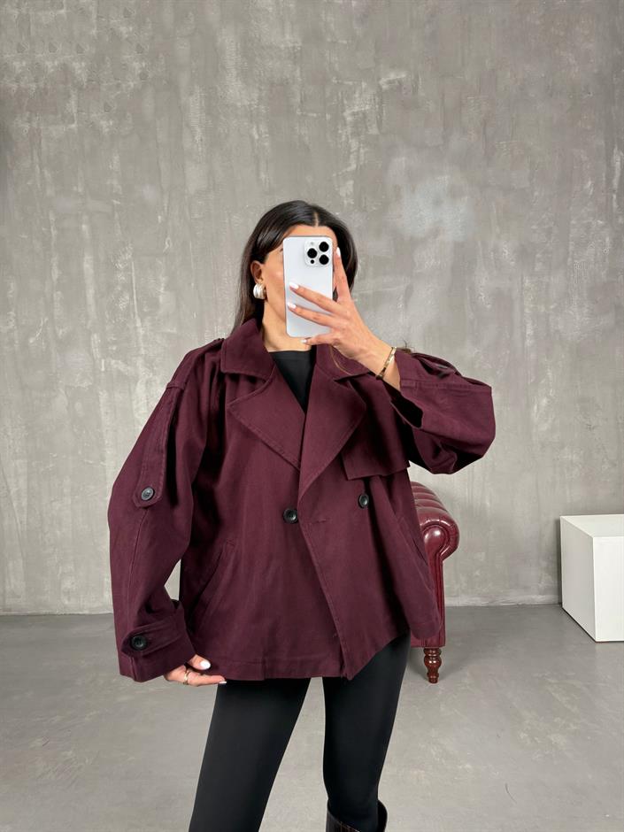 Vegas Mürdüm Kuşaklı Kısa Gabardin Trençkot