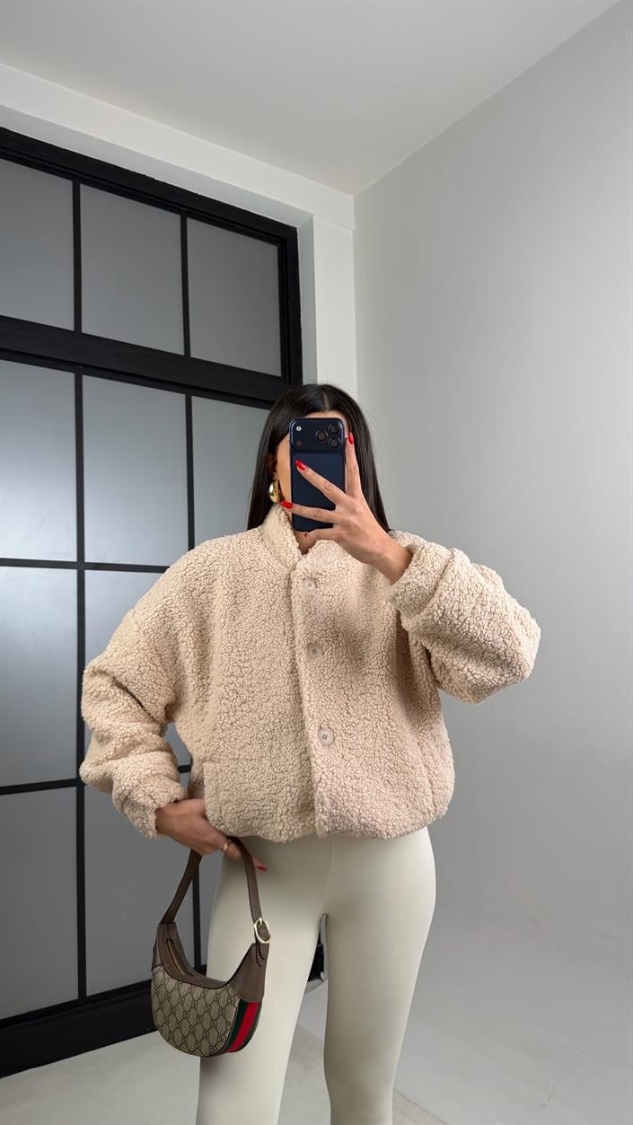 Bej Astarlı Düğmeli Peluş Ceket GAUS-01009