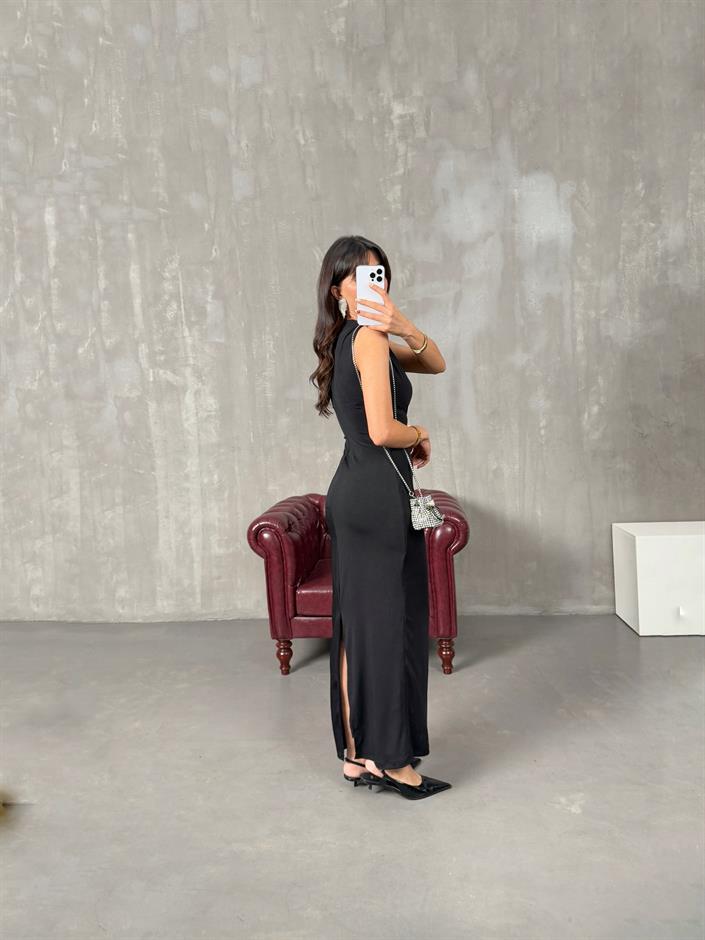 Helena Siyah ZR Model Drapeli Astarlı Elbise