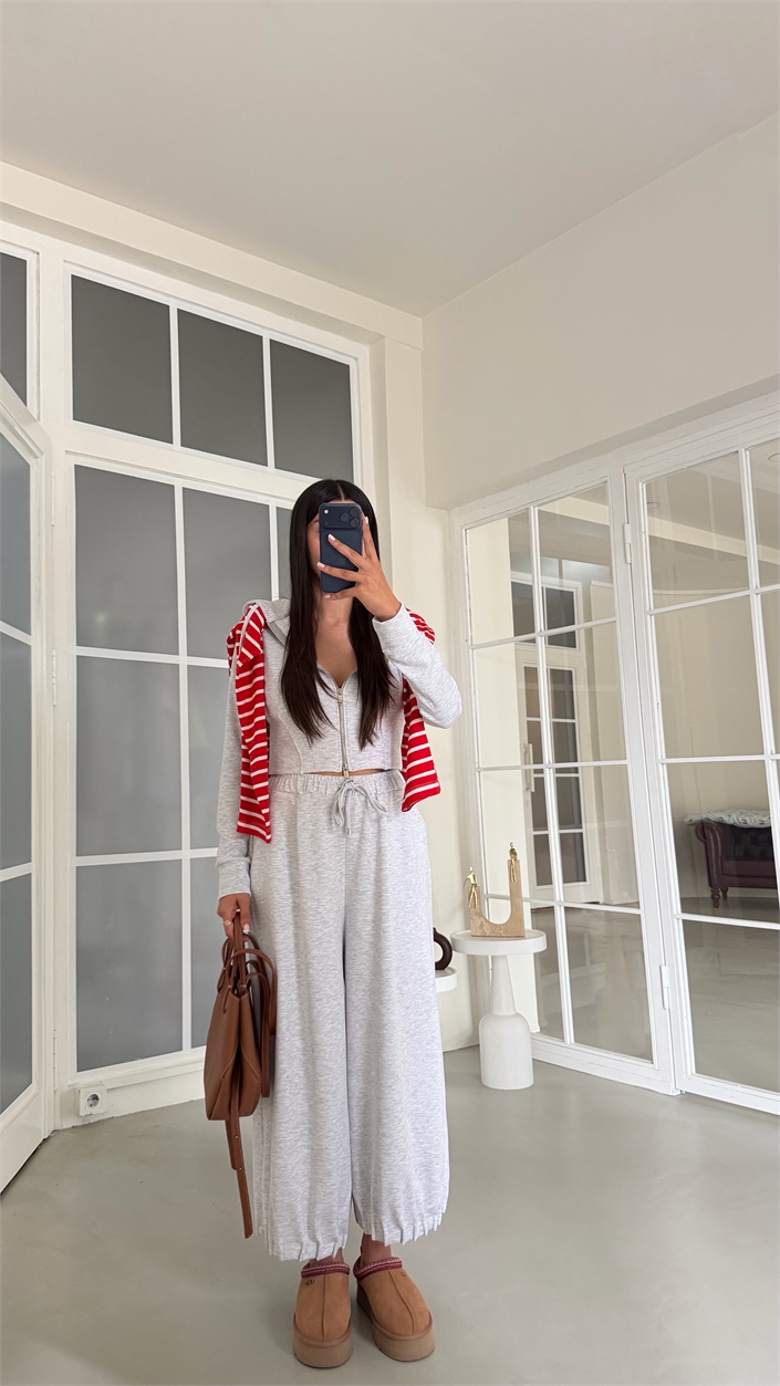Gri Kapüşonlu Hırka Beli Lastikli Geniş Paça Pantolon İkili OYS Modal Kumaş Takım GAUS-02152