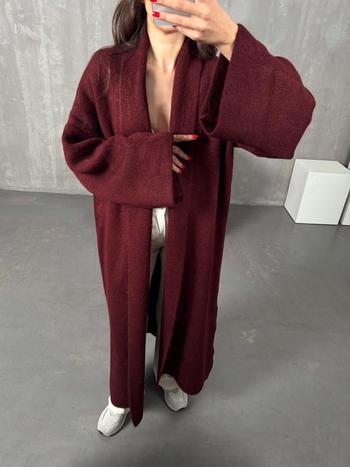 Nivera Bordo Oversize Premium Uzun Hırka