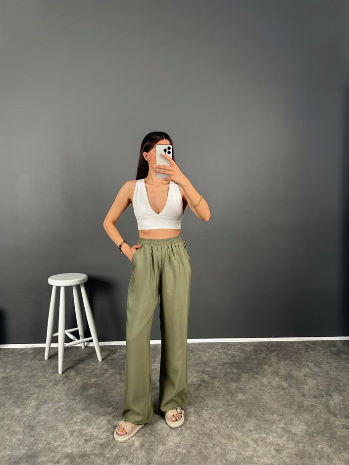 Allda Haki İthal Kumaş Beli Lastikli Pantolon