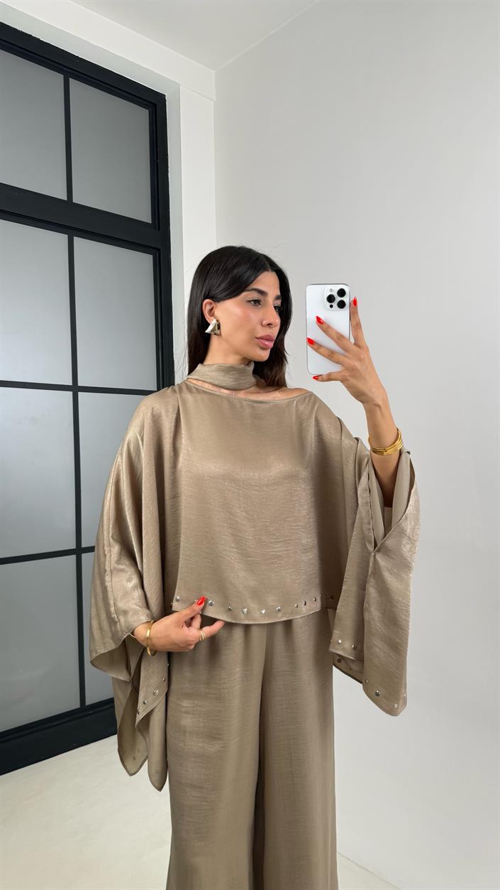 Vizon Zımba Detaylı Yarasa Kol Bluz Beli Lastikli Pantolon ZR Muadil Parlak Tencel Takım Gaus00695