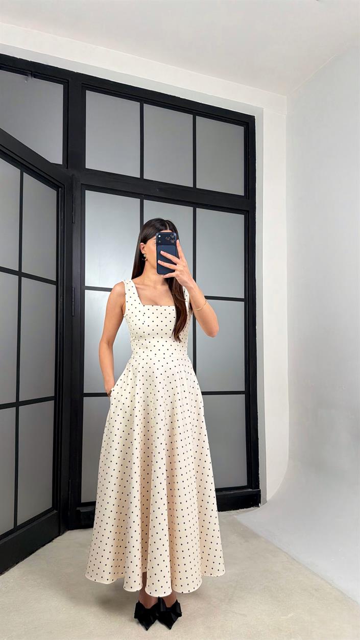 Krem Kuşaklı Puantiye Desenli Elbise GAUS-01372