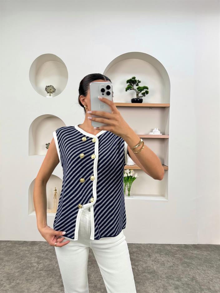Loza Lacivert Çizgili Düğmeli Yelek