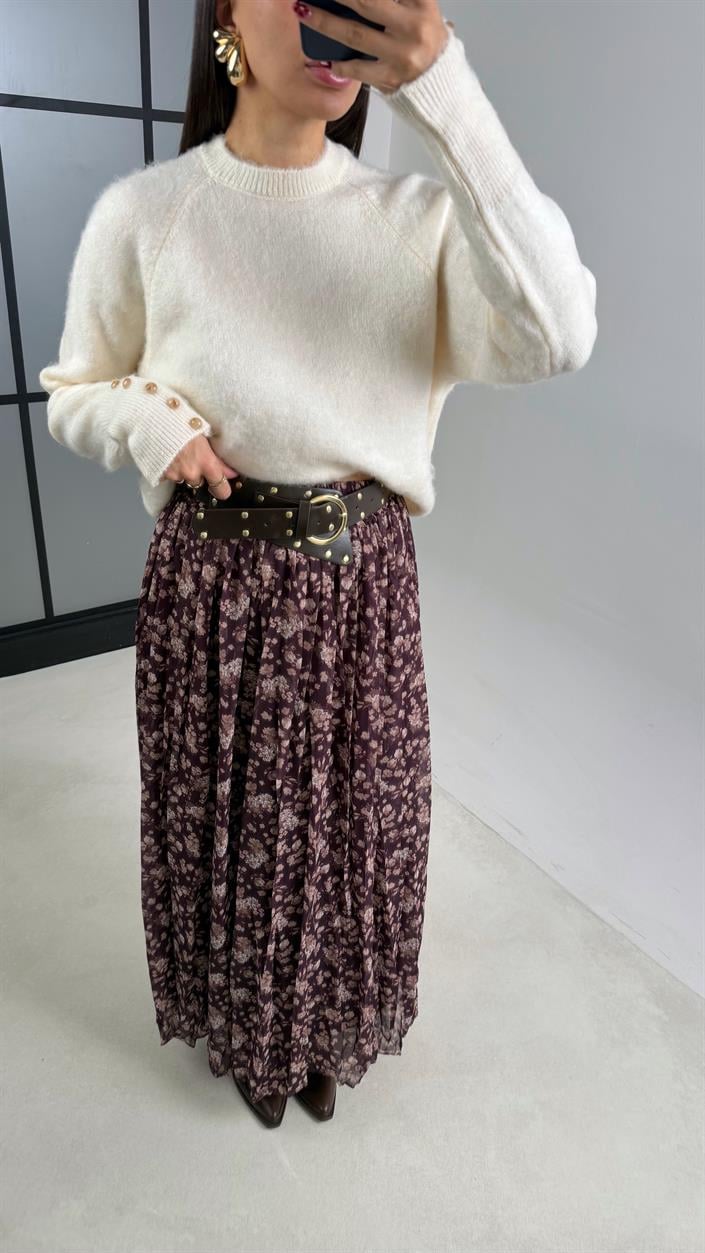 Mürdüm Çiçek Desenli Kemerli Astarlı Etek GAUS-00643