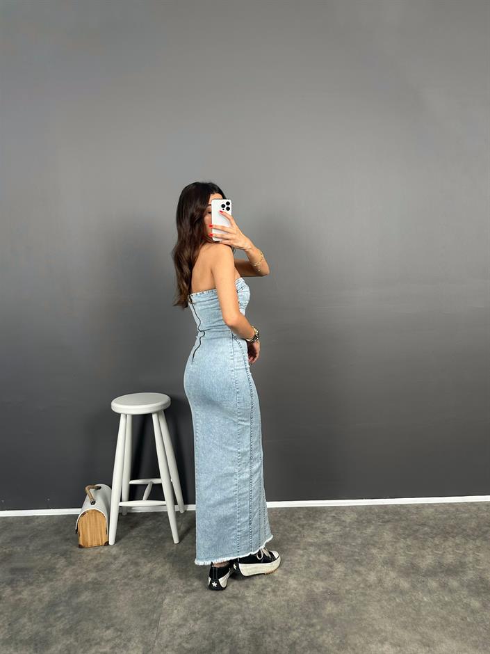 Straplez Fermuarlı Light Blue Denim Elbise