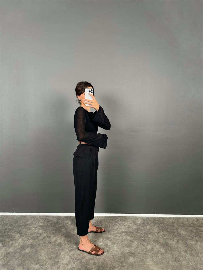 Vion Siyah Krep Kumaş Kemerli Havuç ZR Model Pantolon