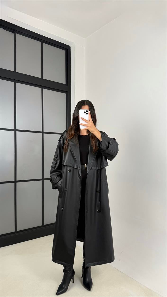 Siyah Kuşaklı Astarlı Premium Deri Trençkot GAUS-00127