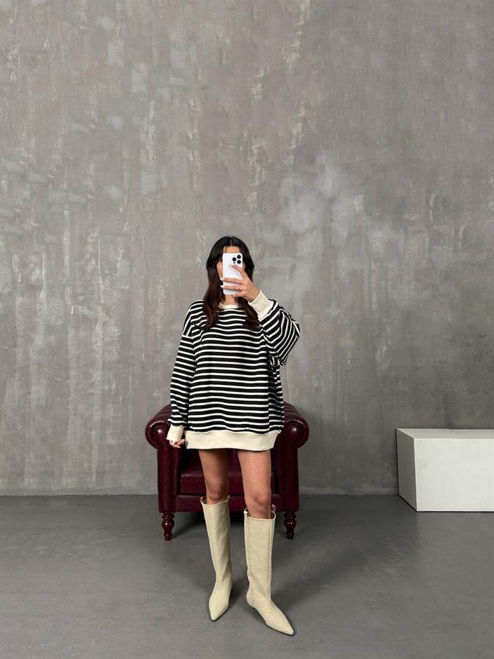 Felisya Beyaz Çizgili Üç İplik Şardonlu Sweat