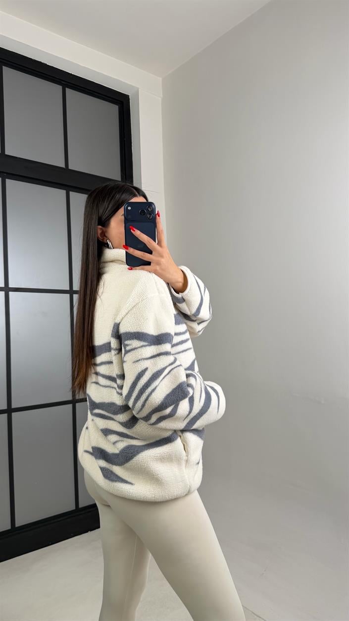 Krem Fermuarlı Kızak Desenli Polar Sweatshirt Gaus-00723 gaus-01029