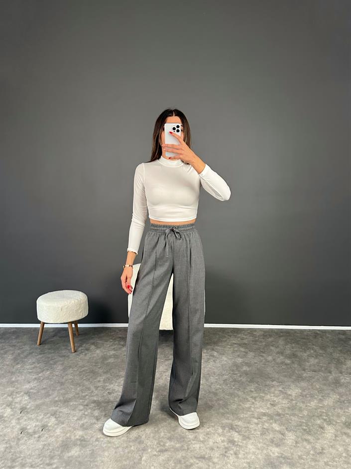 Minaj Gri Beli Lastikli Çımalı Pantolon