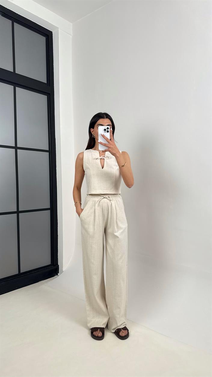 Taş Yaka Bağlama Detaylı Üst Beli Lastikli Cepli Pantolon ZR Muadil Keten Takım Gaus00398
