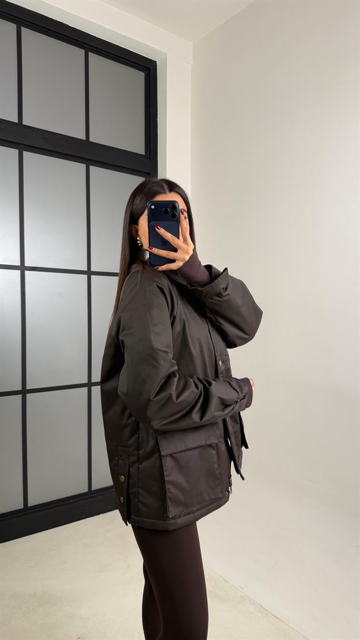 Acı Kahve Deri Yakalı Çıtçıt Düğmeli Astarlı Premium Mont GAUS-00737