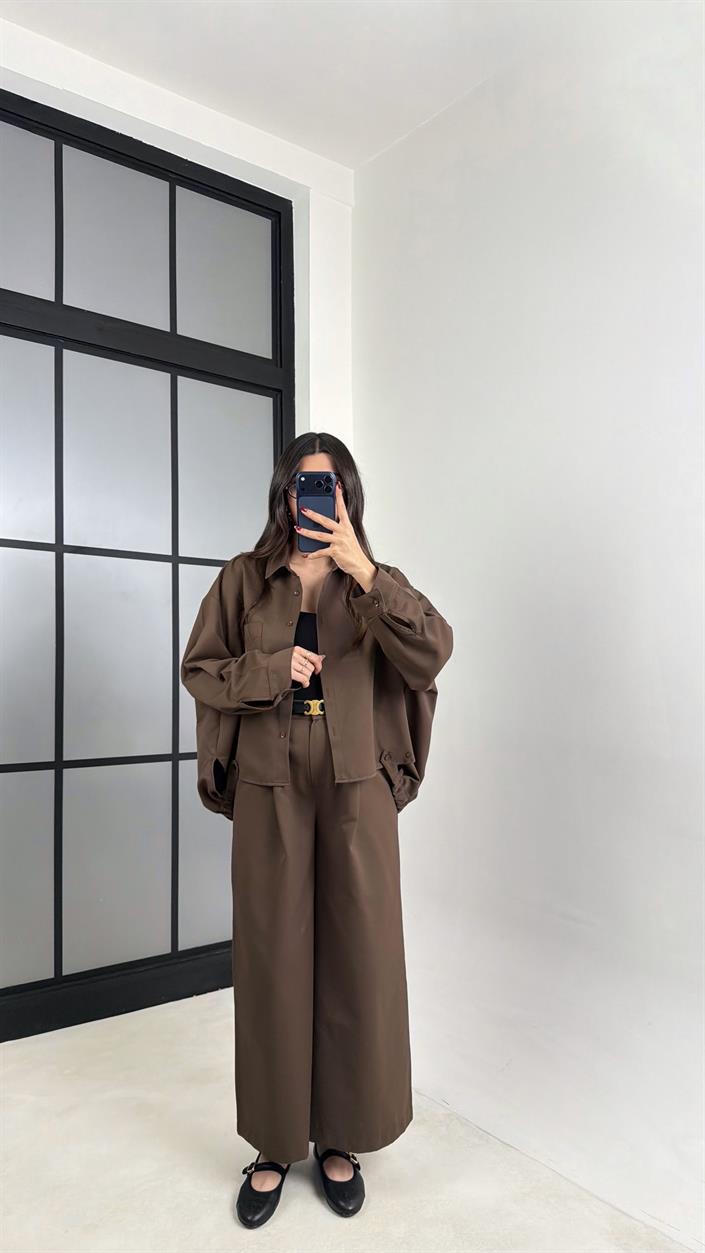 Kahve Gömlek Beli Lastikli Pantolon İthal Kumaş Takım GAUS-00799