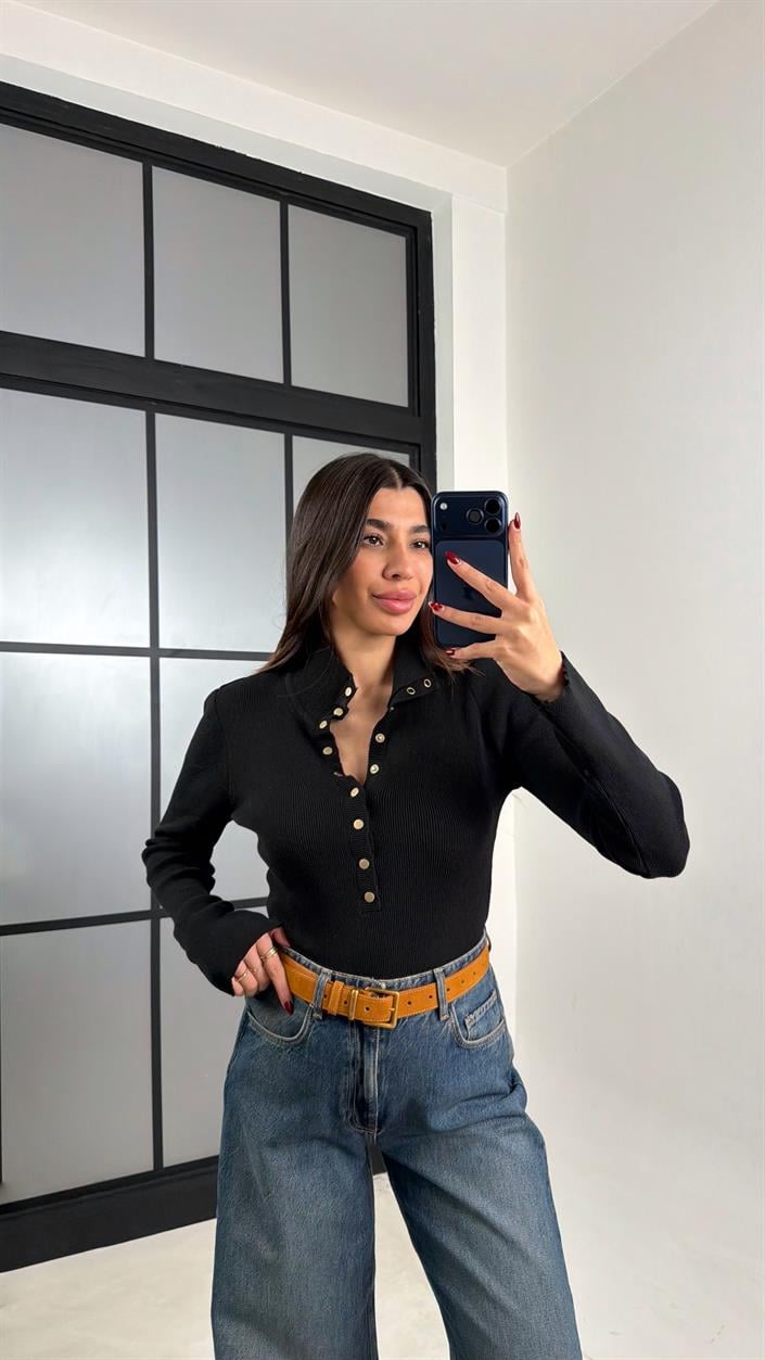 Siyah Çıtçıt Düğmeli Triko Kazak GAUS-00780