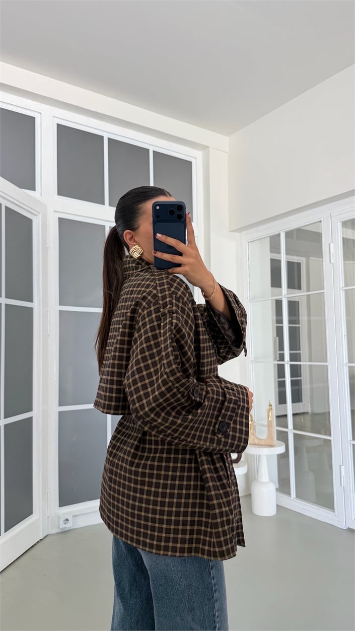 Kahve Astarlı Ekose Desenli Kuşaklı Premium Trençkot GAUS-01895