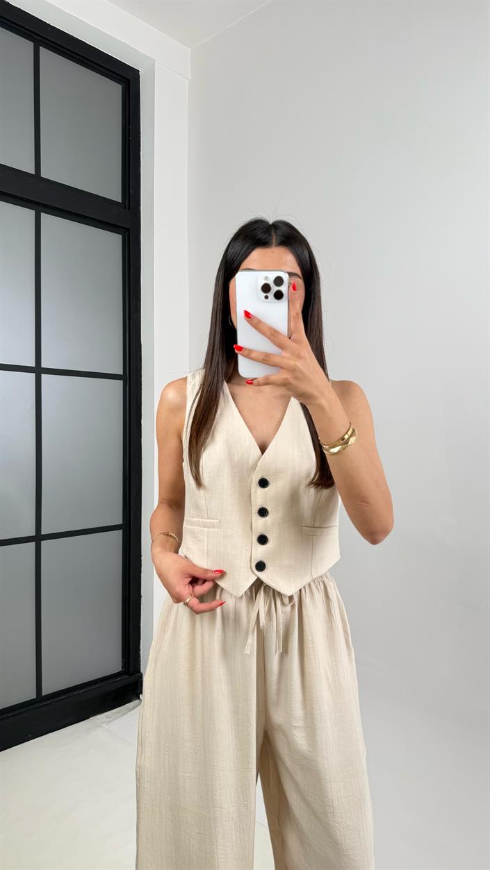 Taş Astarlı Yelek Balon Pantolon Çilek Kumaş Takım Gaus00501