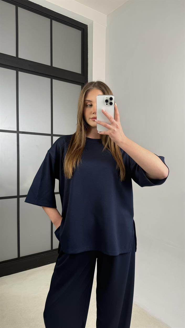 Lacivert Bluz Beli Lastikli Pantolon Modal Kumaş Basic Takım GAUS-01132