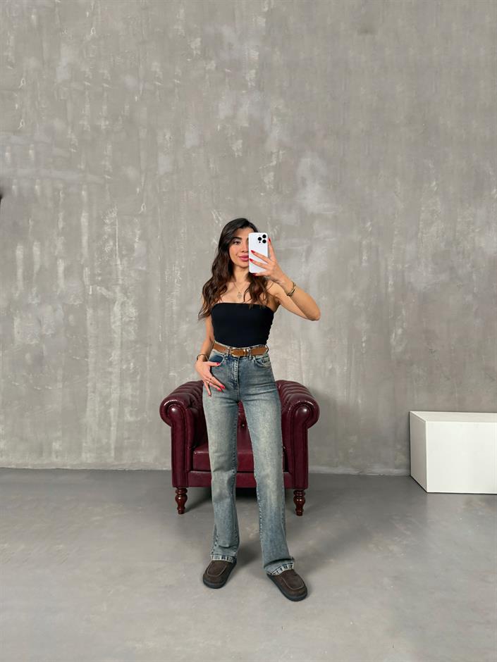 Fedi Mavi Eskitme Kahve Kemerli Yüksek Bel Wide Leg Jean