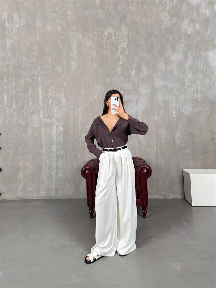 Beyaz Kemerli Bol Paça Pantolon Gaus00076