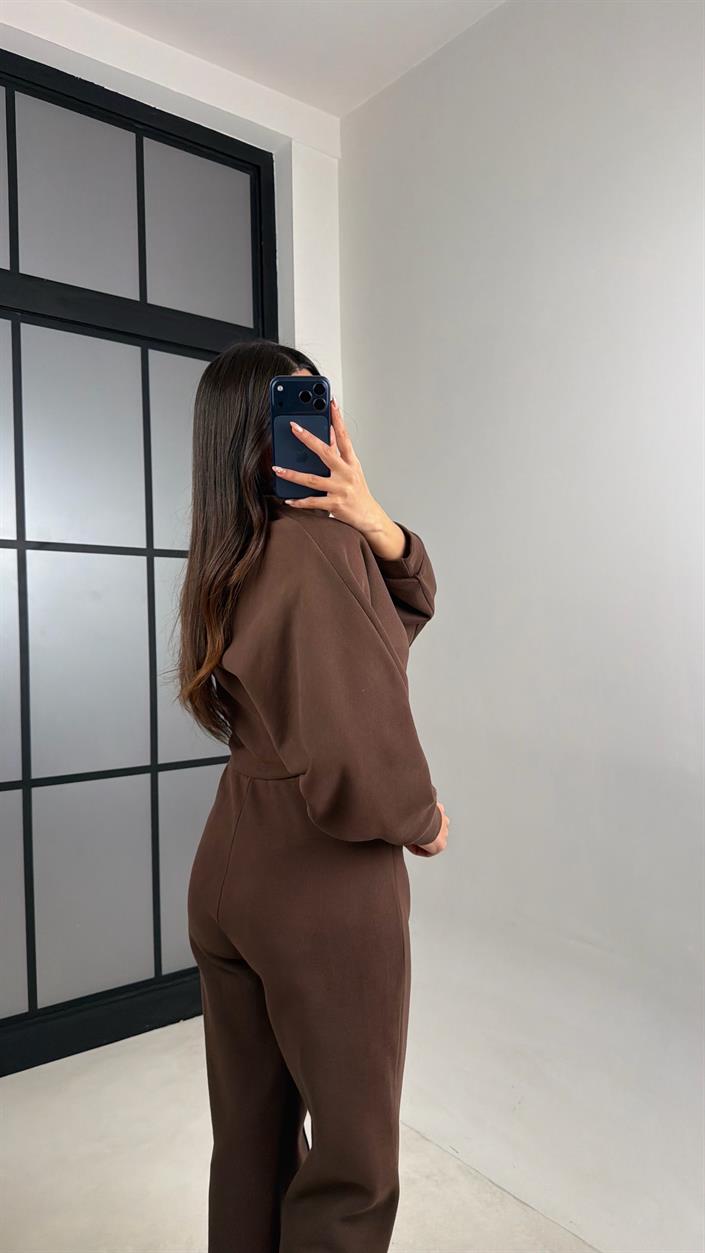 Kahve Balıkçı Yaka Kazak Beli Lastikli Pantolon Premium Takım GAUS-00898