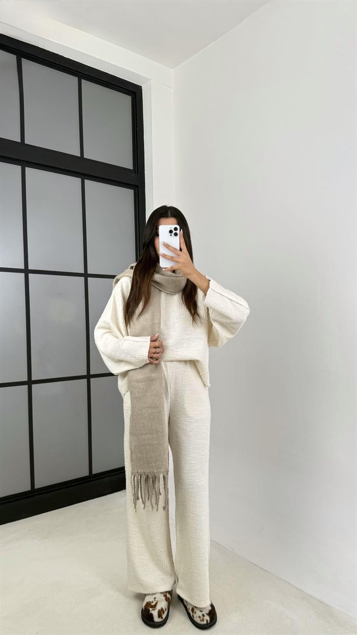 Ekru Kazak Beli Lastikli Pantolon Buklet Kumaş İkili Takım GAUS-00138