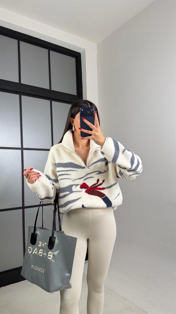 Krem Fermuarlı Kızak Desenli Polar Sweatshirt Gaus-00723 gaus-01029