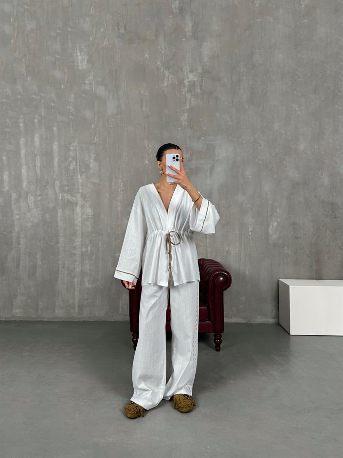 Beyaz Bağlamalı Keten Kimono Takım Gaus00034