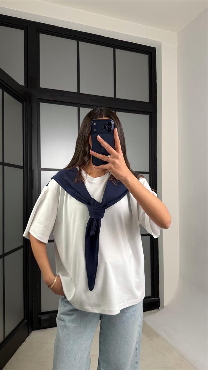 Lacivert Şal Detaylı Basic Tshirt GAUS-01192