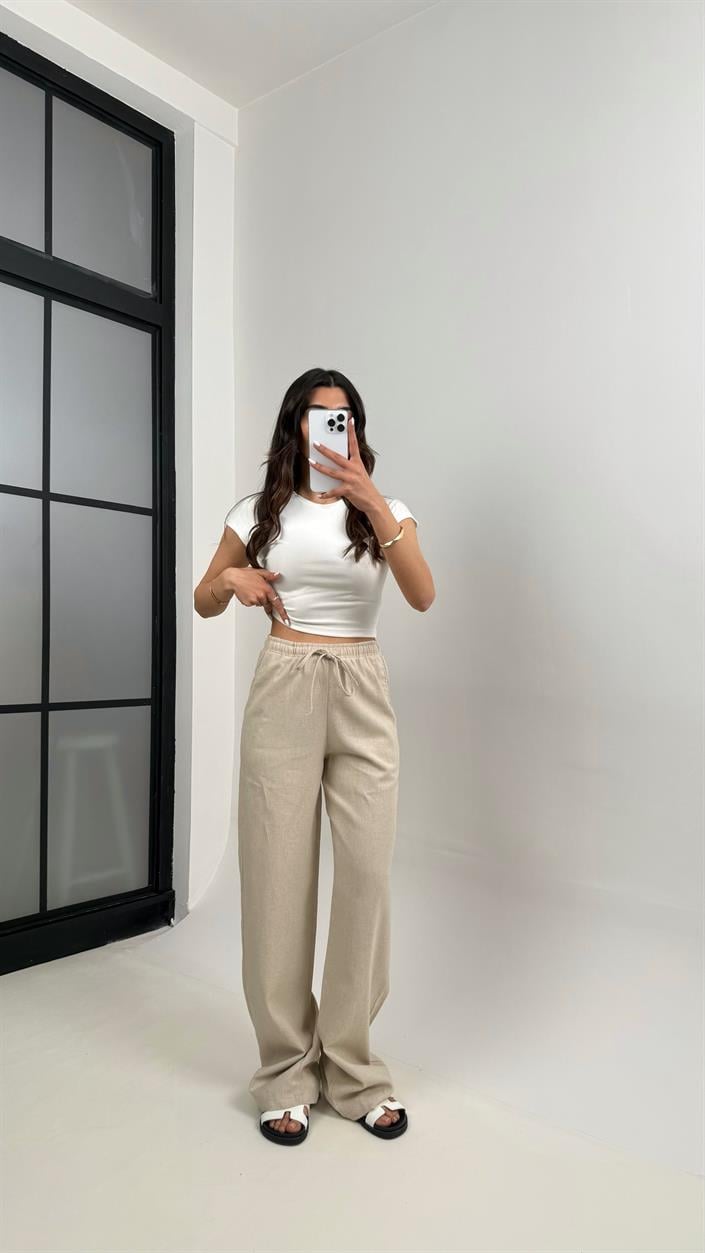 Taş Beli Lastikli Muadil Keten Pantolon Gaus00346