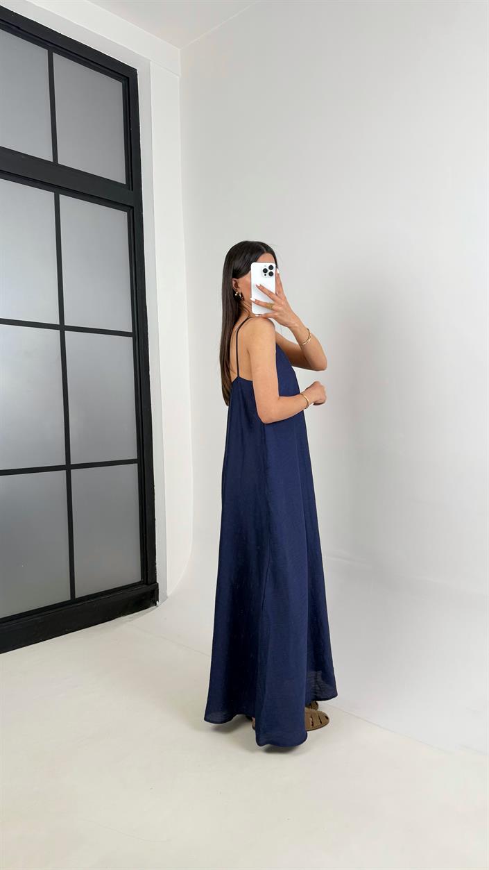 Lacivert Askılı Astarlı Cepli Tencel Elbise Gaus00449